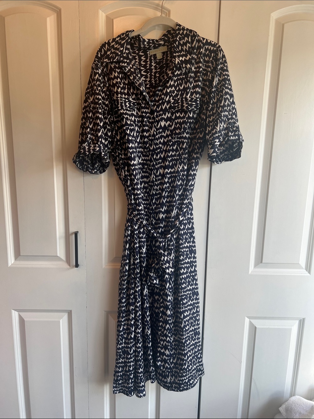 Midi Shirt Dress with Tie Waist in Black and White